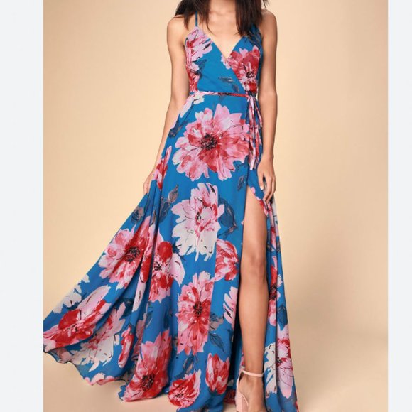 Lulus Dresses & Skirts - Lulu's Always There For Me Blue Floral Print Wrap Maxi Dress